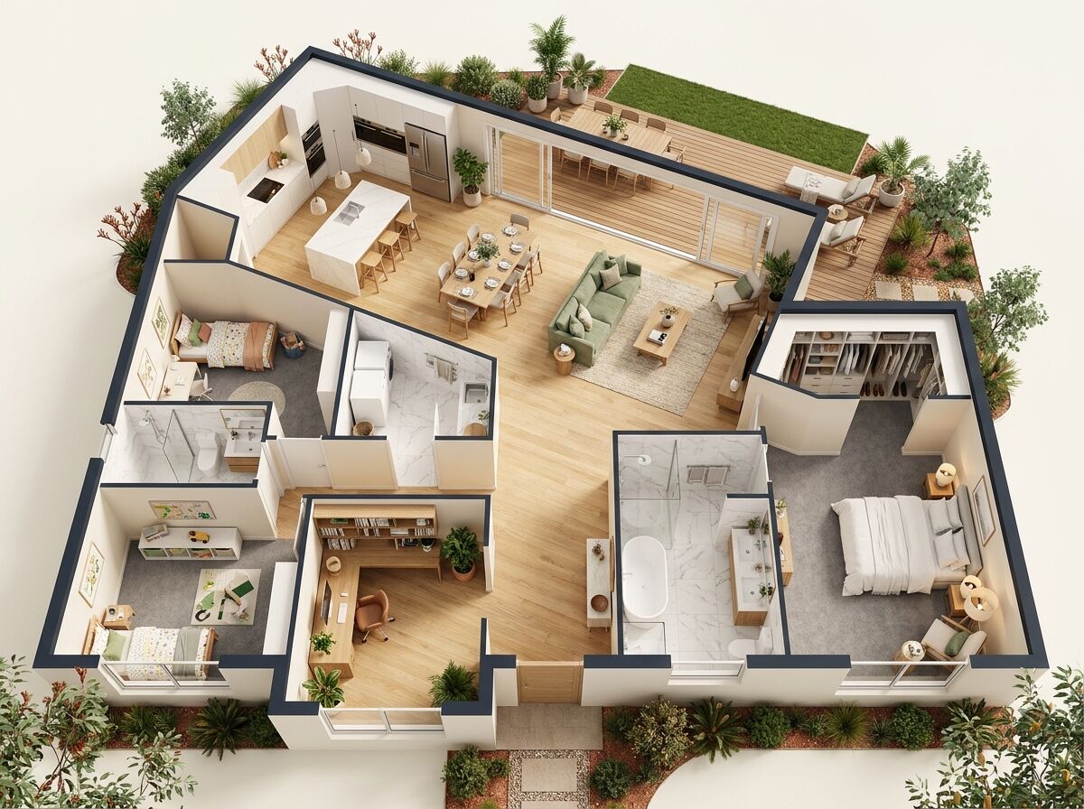 Exemplo de corte 3D de uma casa sem telhado, com todas as divisões vistas de cima