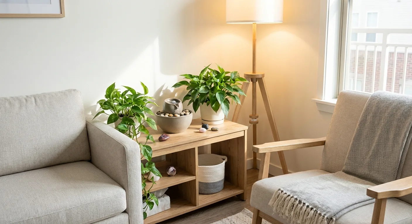 An inviting living room with a well-decorated wealth corner, featuring plants, a small water fountain, and warm lighting.
