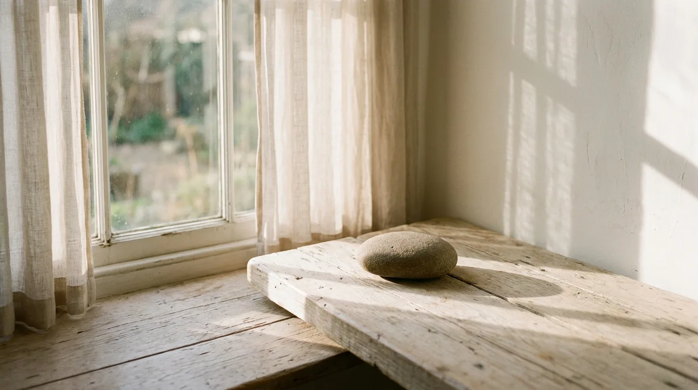 A single smooth river stone resting alone on a pale timber shelf beside a sunlit window.
