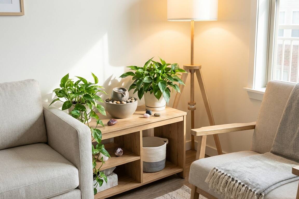 Calm organised living room with indoor plants and natural light