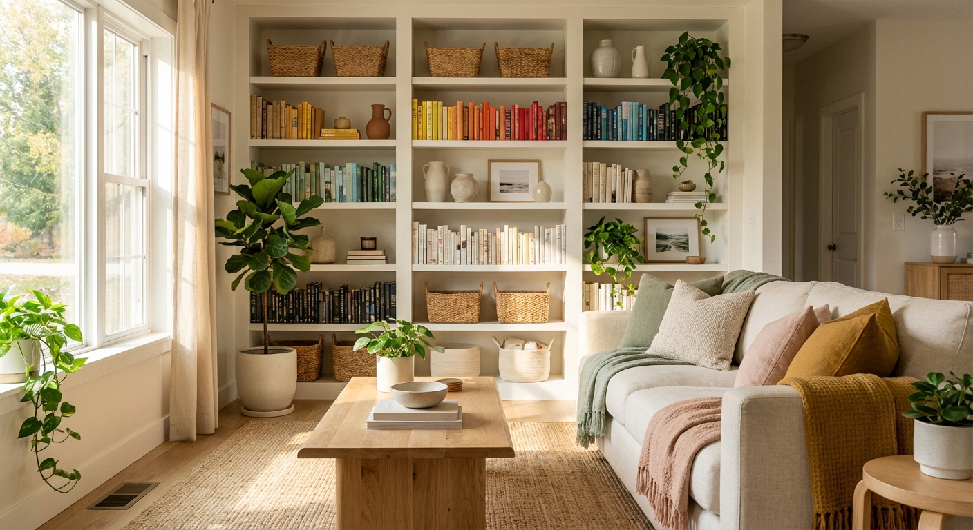 A bright living room with sunlight streaming in, showcasing neat shelves and a beautifully organised space, with plants and soft colour tones.