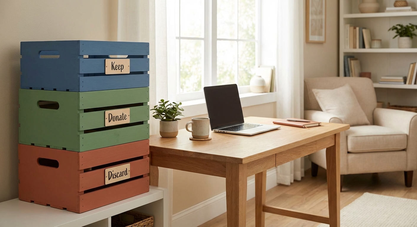 An organised workspace with colour-coded boxes for sorting clutter, labeled with 'Keep', 'Donate', and 'Discard'.