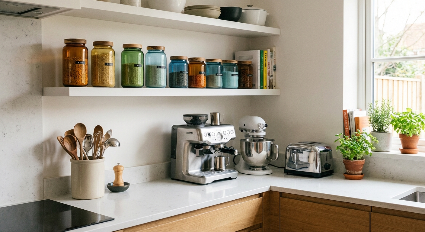 An organised kitchen with clear countertops, colourful jars for pantry items, and neatly arranged utensils and appliances.