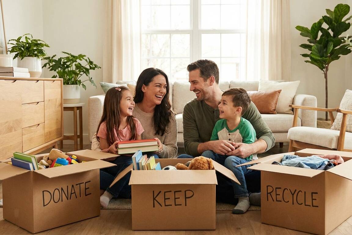Family sorting belongings into donate keep and recycle boxes